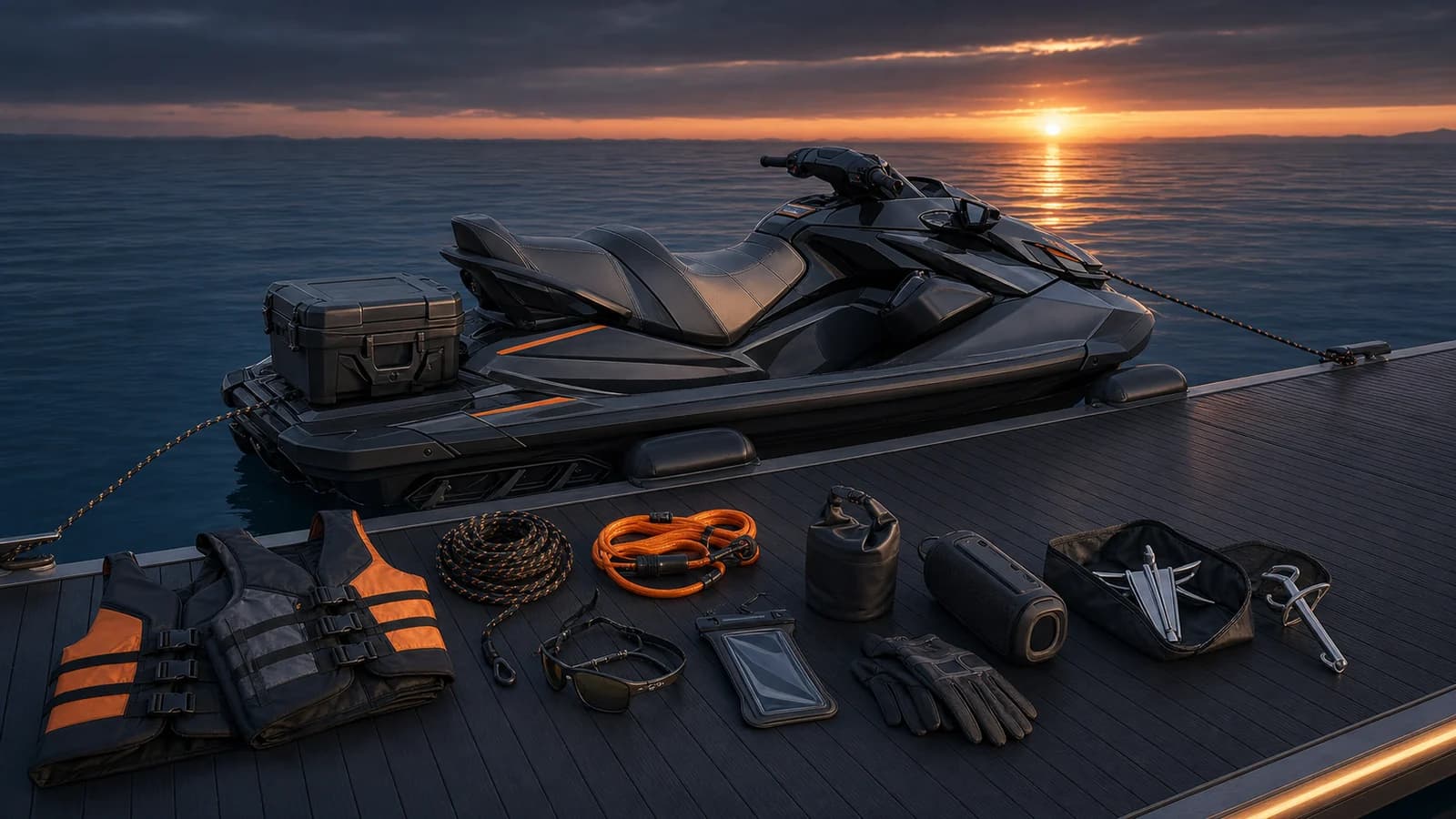 Moto aquática atracada com coletes, cabos, bolsa estanque, som e kit de ancoragem organizados